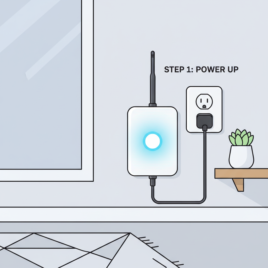 Helium hotspot plugged into power outlet, glowing indicator light, modern indoor setup illustration