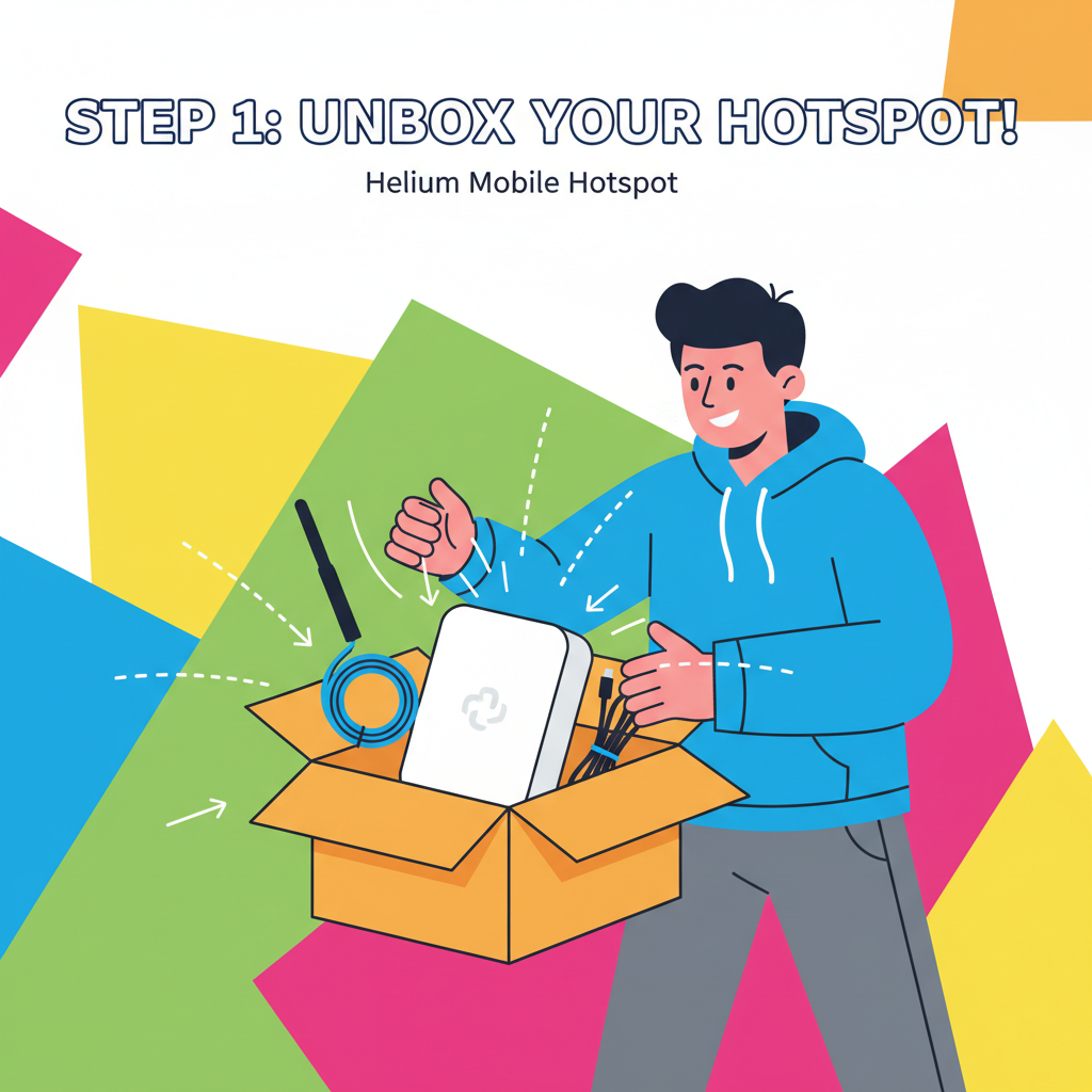 person excitedly unboxing modern Helium Mobile hotspot device with antenna and cables, tech illustration, vibrant colors