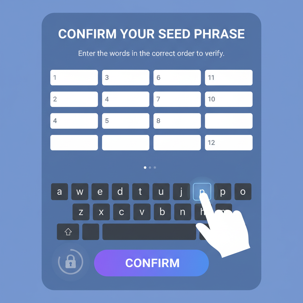 Phantom app screen prompting seed phrase confirmation, keyboard input, focused secure process