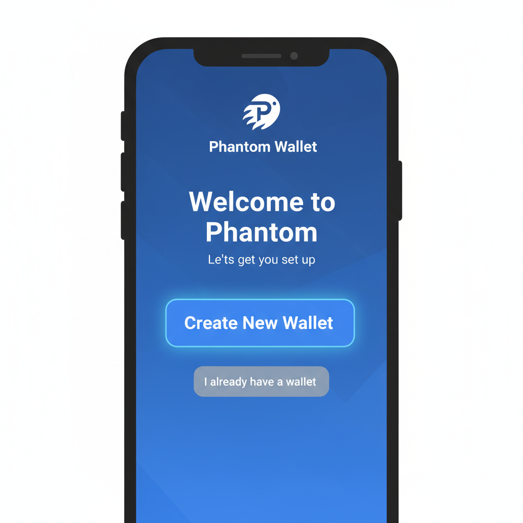 Phantom wallet interface with 'Create New Wallet' button highlighted, fresh setup screen, blue theme