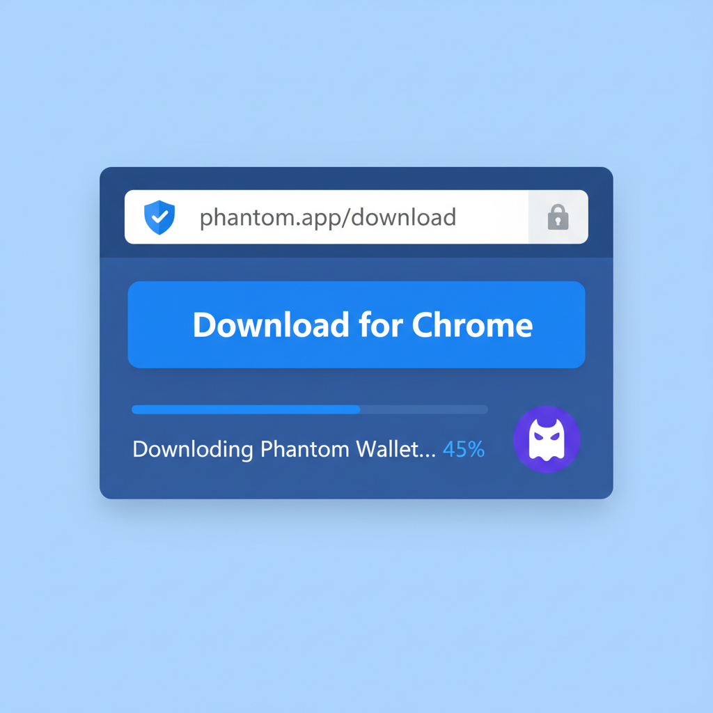 clean browser screenshot downloading Phantom wallet extension from official site, secure padlock icon, blue theme