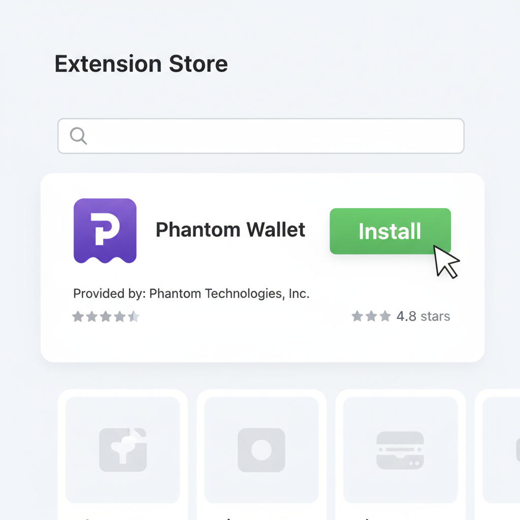 browser extension store page installing Phantom wallet, green install button, simple interface screenshot