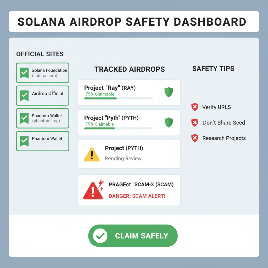 dashboard tracking Solana airdrops safely, official sites bookmarked, warning icons for scams