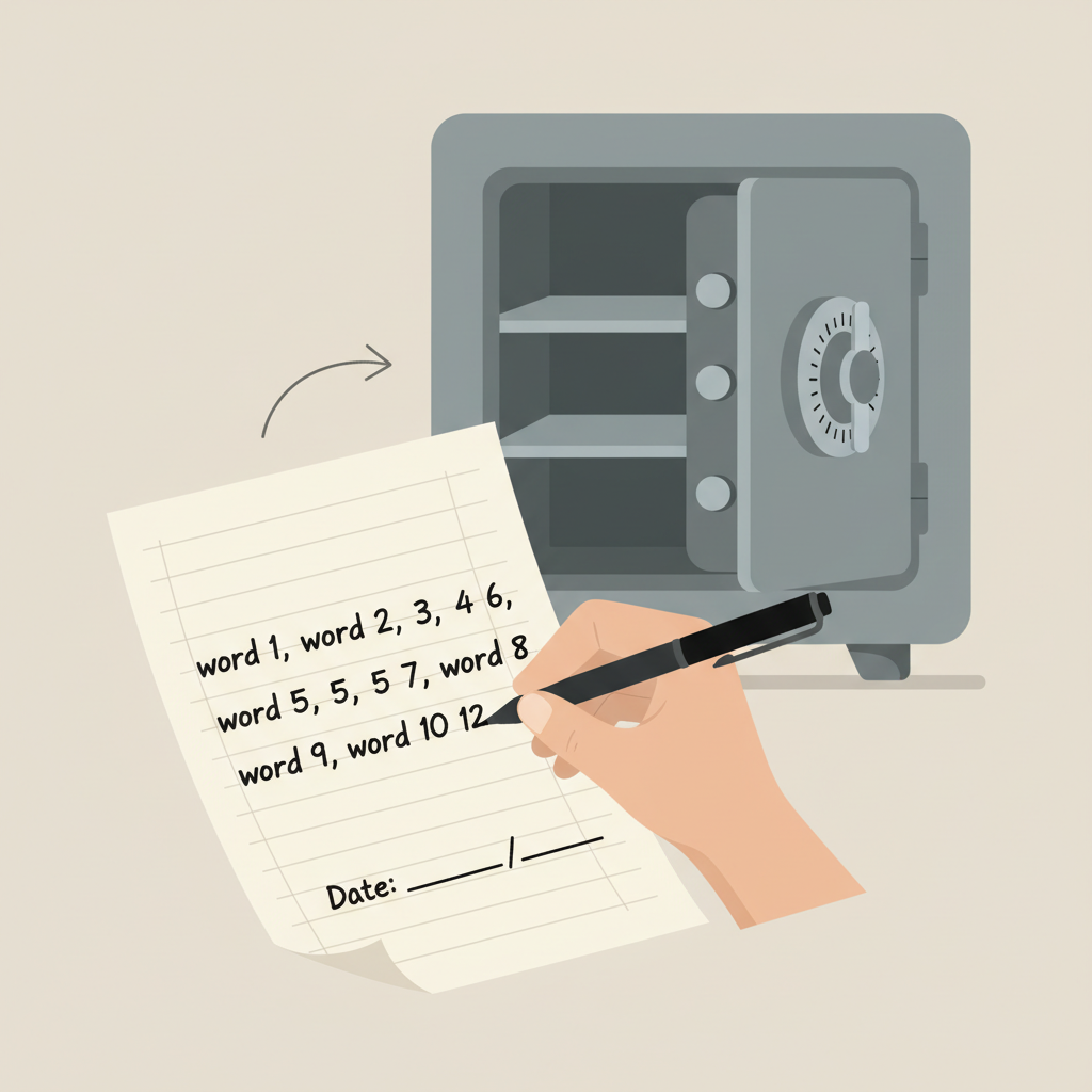 hand writing seed phrase words on paper with pen, secure safe in background, realistic prudent style