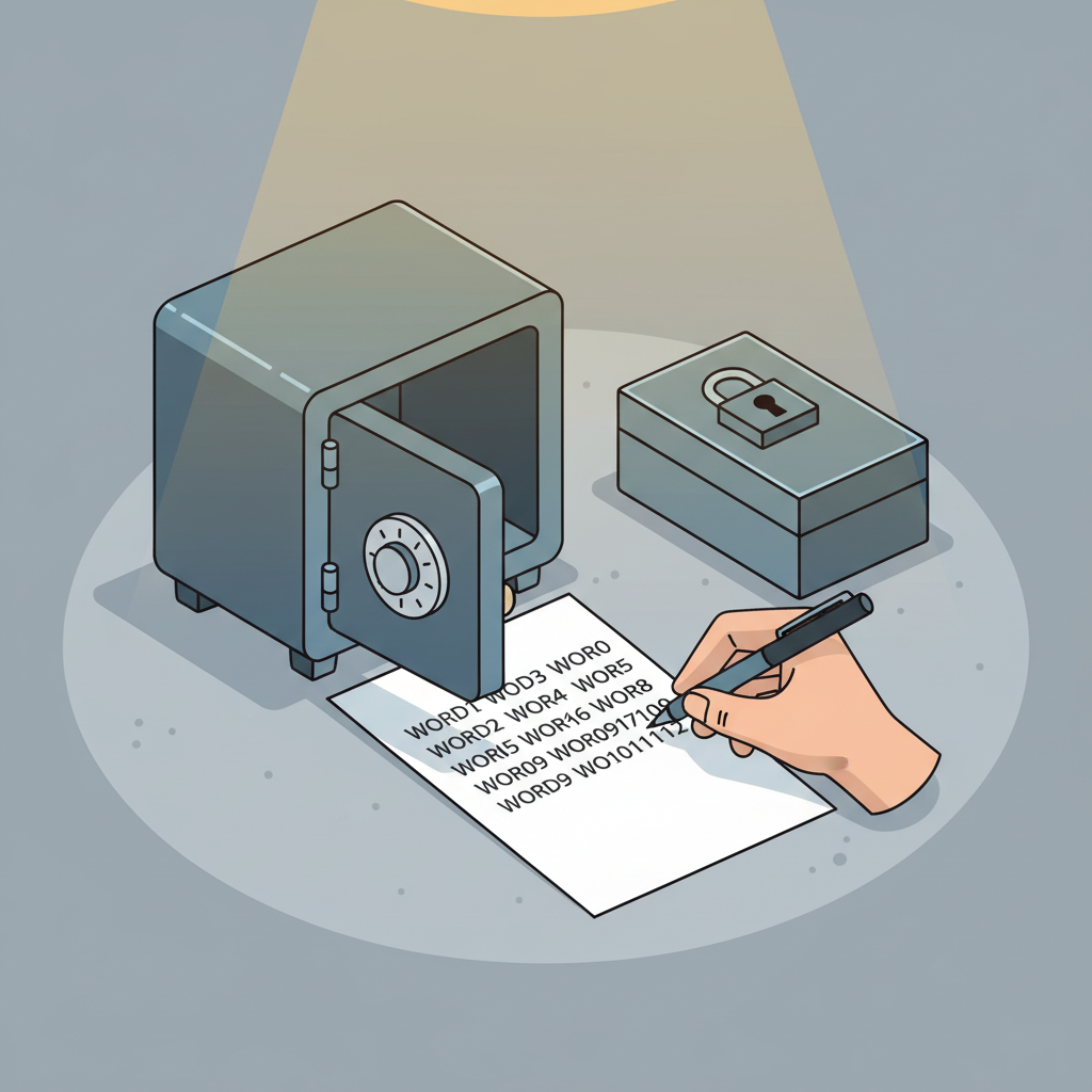 hand writing seed phrase on paper in safe, locked box nearby, dim secure lighting