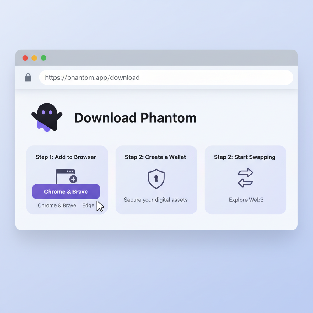 clean browser screen showing phantom.app download page for wallet extension, secure padlock icon, professional minimalist style