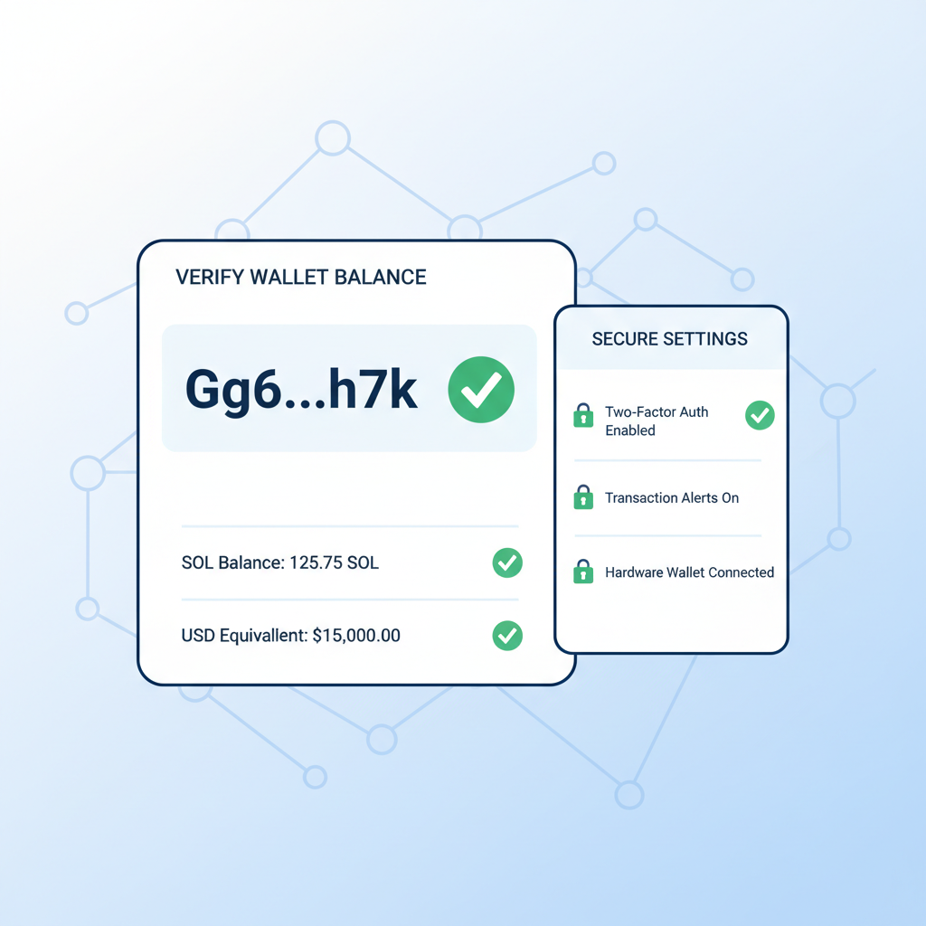 Solana explorer verifying wallet balance, checkmarks, secure settings menu