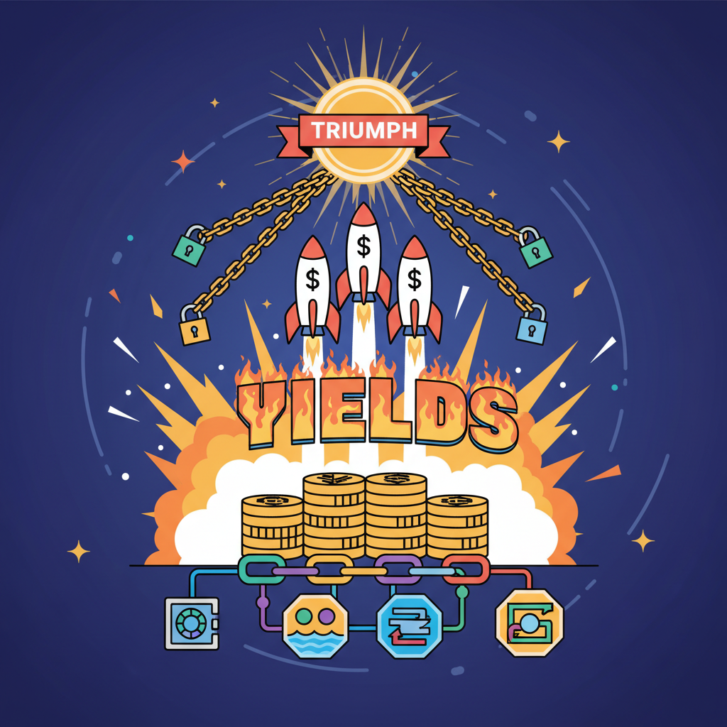 explosive DeFi execution animation, chains linking rockets launching yields, fiery crypto triumph