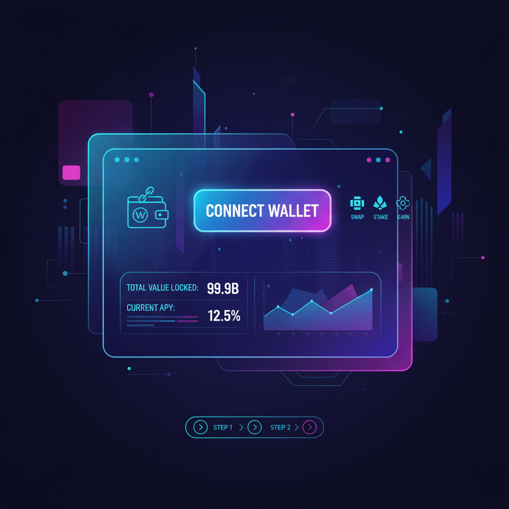 sleek futuristic DeFi dashboard with glowing wallet connect button, neon blues and purples, cyberpunk style