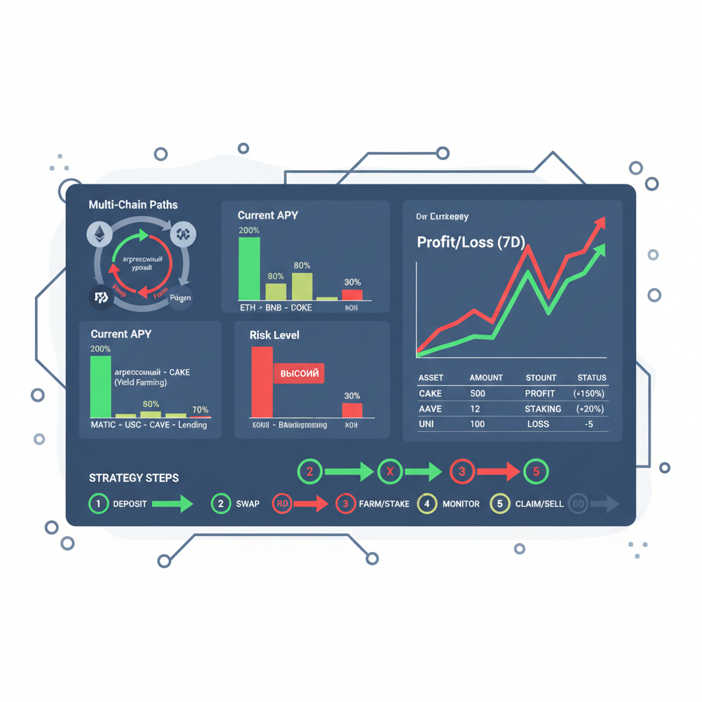detailed DeFi strategy dashboard with charts graphs multi-chain paths, aggressive red green highlights