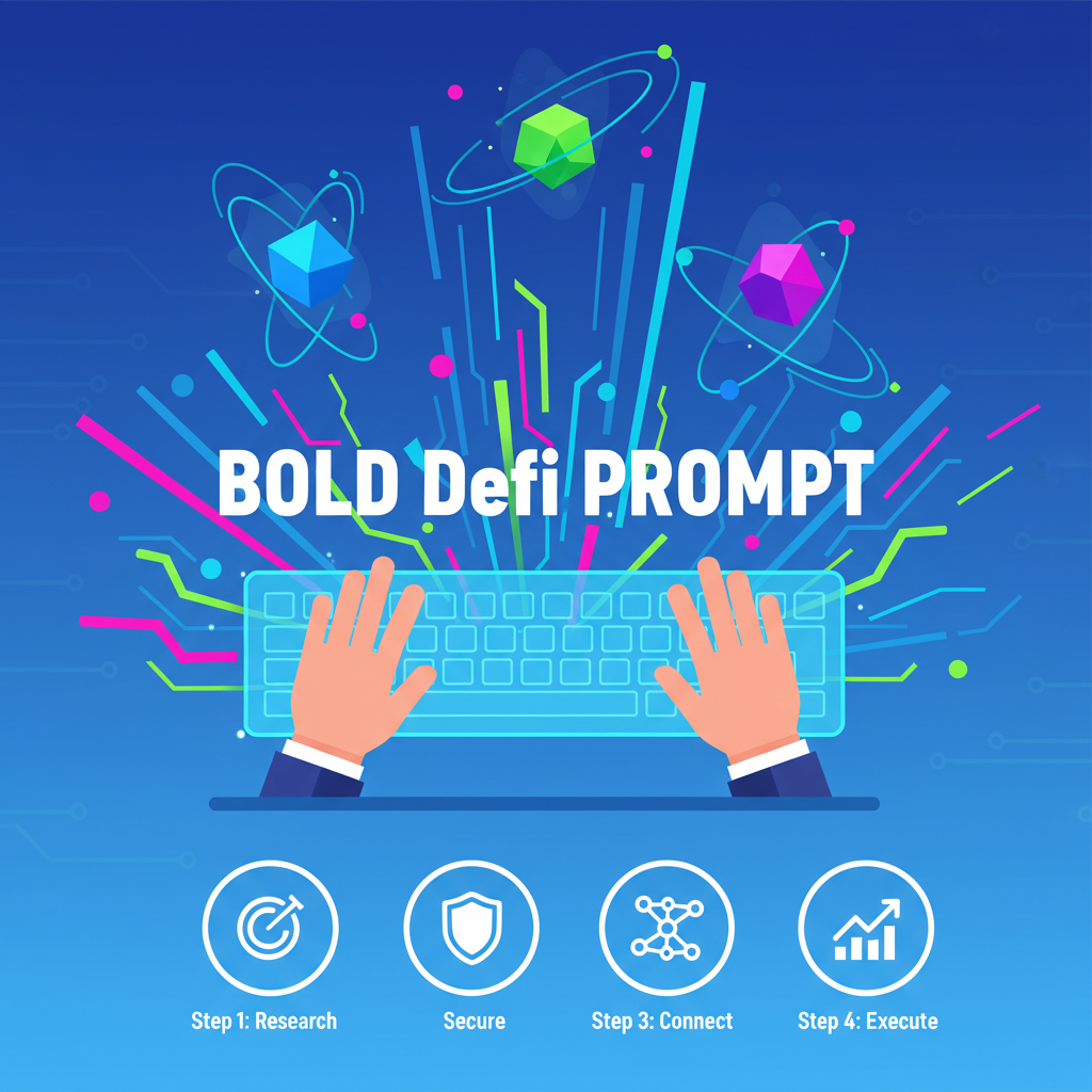 user typing bold DeFi prompt on holographic keyboard, AI agents swirling around, vibrant crypto energy