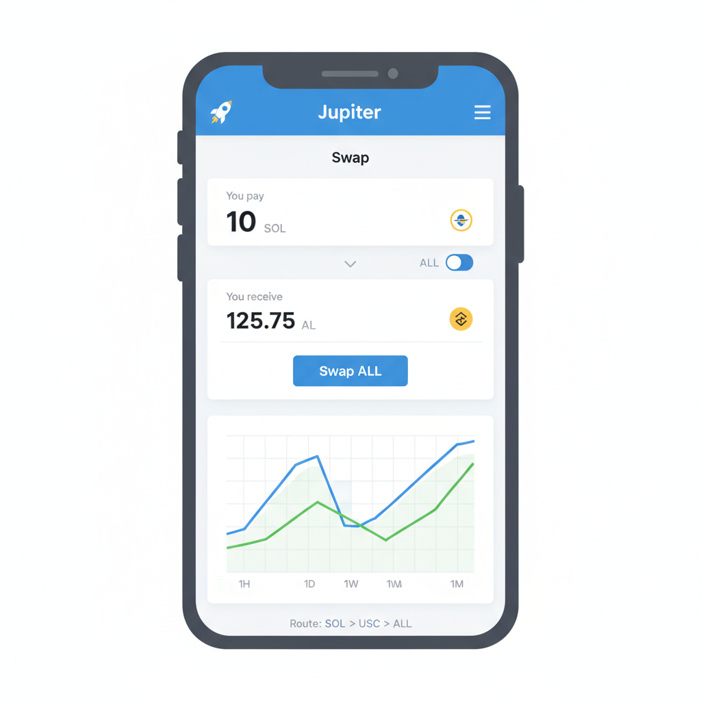 DEX trading interface on mobile buying ALL with SOL on Jupiter, charts visible