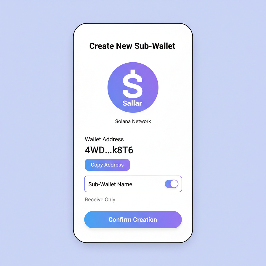 mobile app screen showing Solana sub-wallet creation in Sallar, wallet address visible