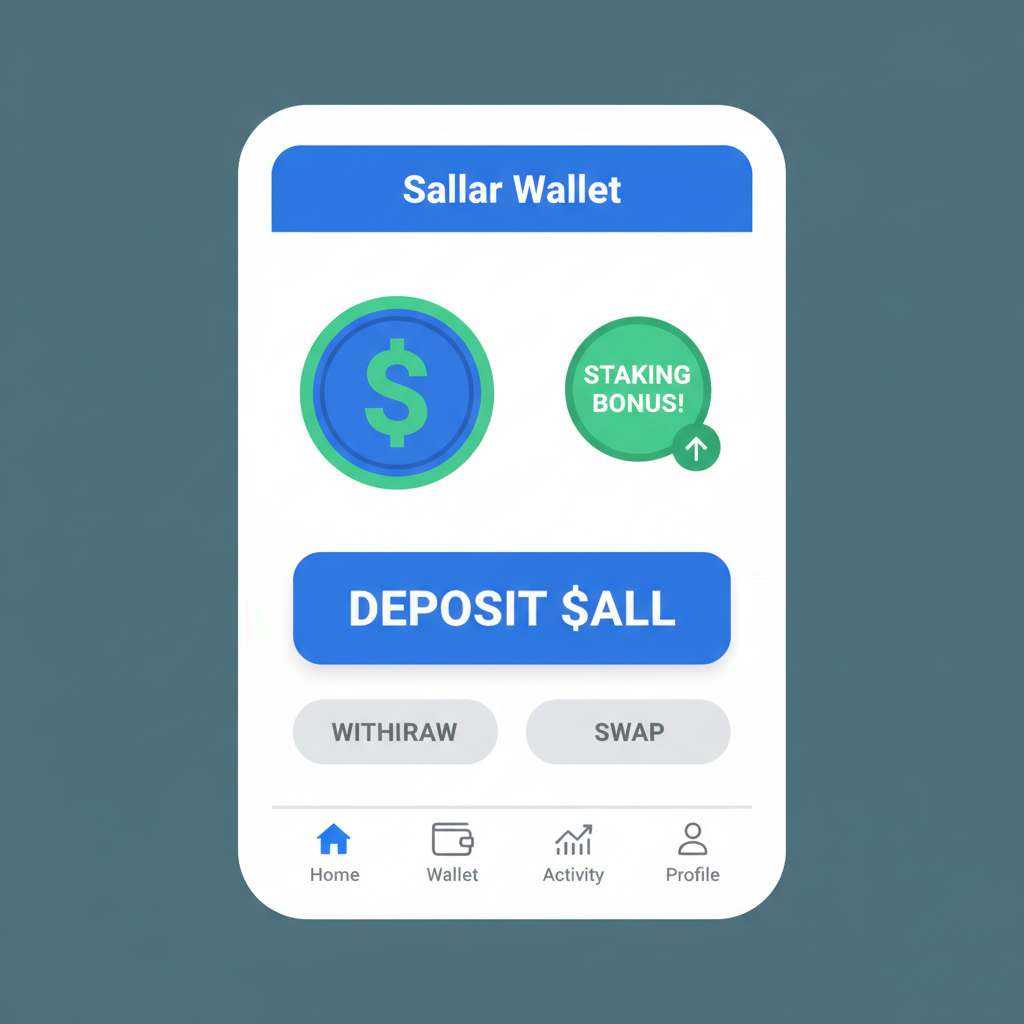 Sallar app wallet screen with deposit $ALL button and staking bonus indicator