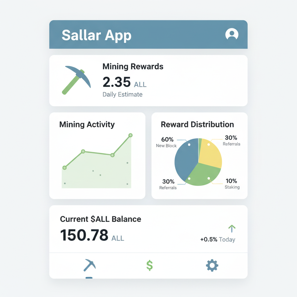 Sallar app dashboard showing mining rewards, charts, and $ALL balance