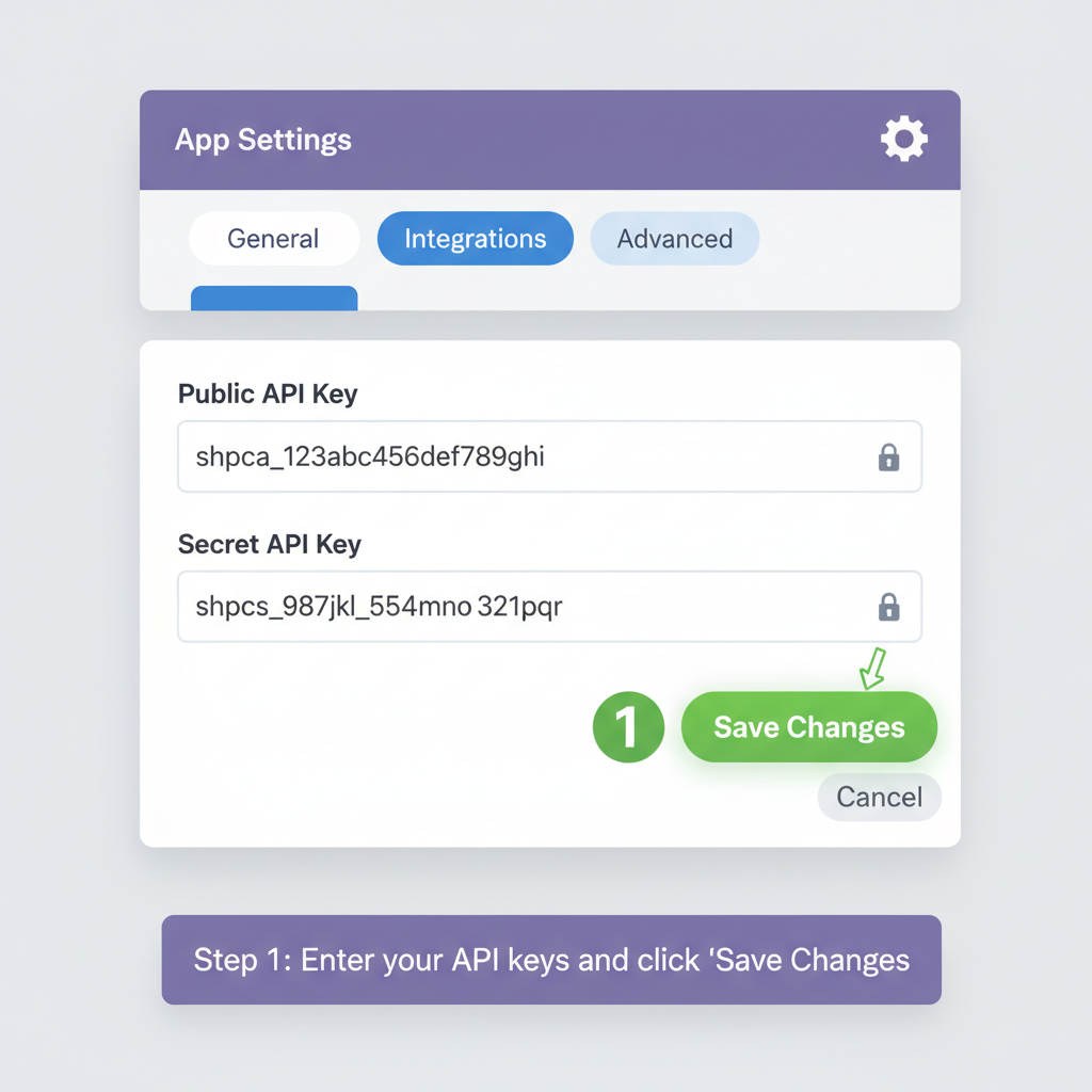 Shopify app settings page with API key input fields filled, save button highlighted