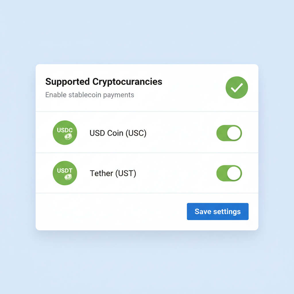 Shopify payments settings toggling on USDC and USDT options, green checkmarks