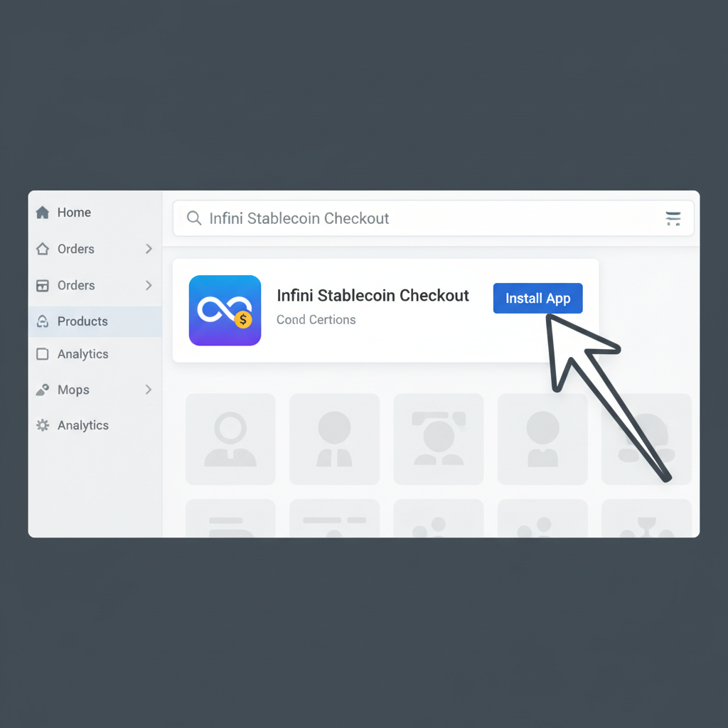 Shopify admin dashboard app store search bar with 'Infini Stablecoin Checkout' query, clean interface