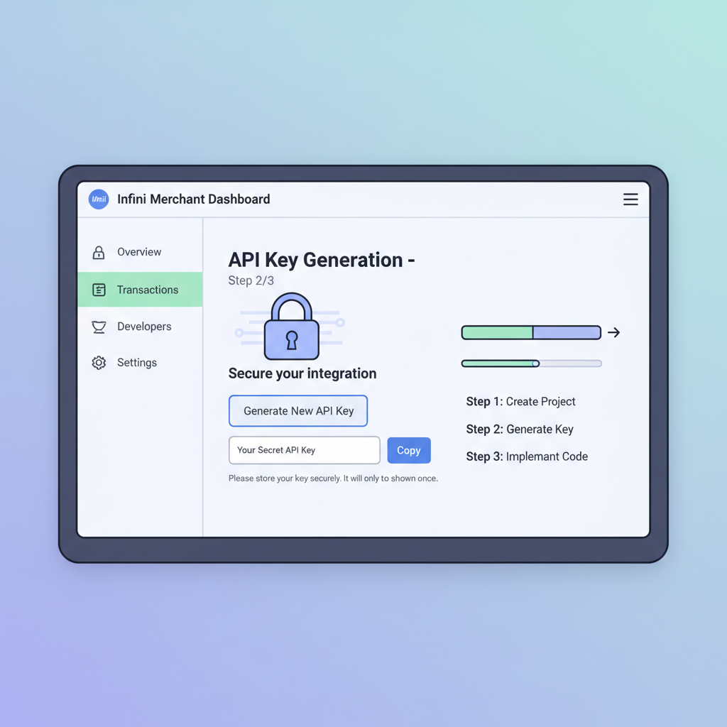 Infini merchant dashboard showing API key generation screen, secure lock icon
