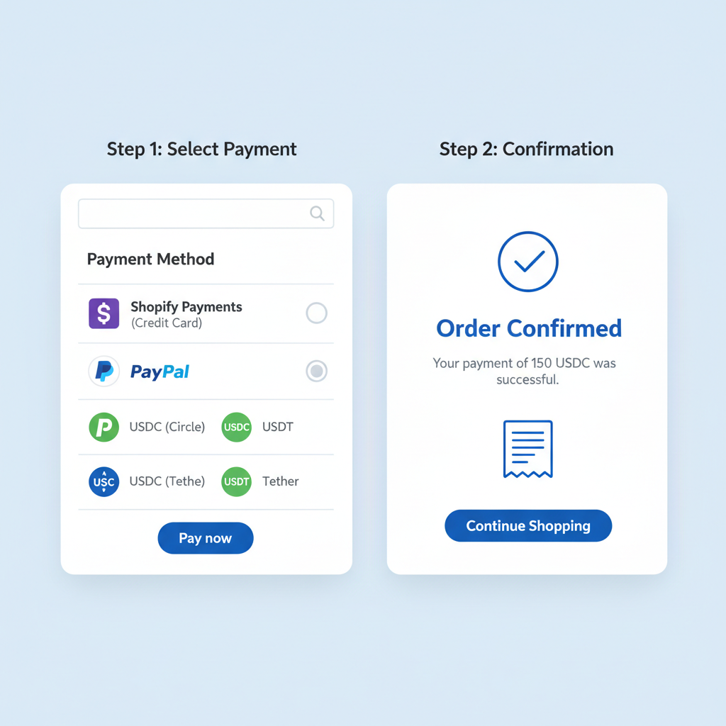 Shopify checkout page showing USDC/USDT payment selection, success confirmation