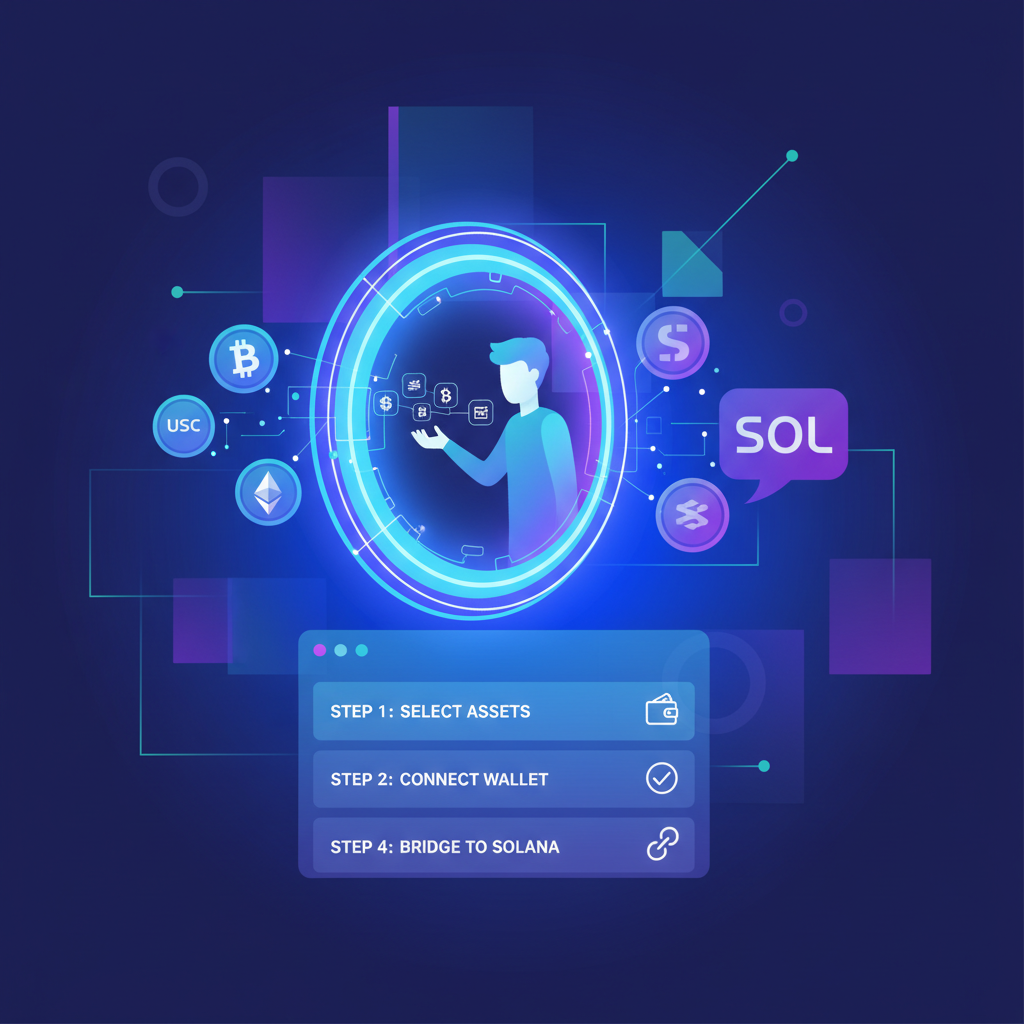 user bridging crypto assets to Solana blockchain via neon portal, futuristic DeFi interface, vibrant blues and purples