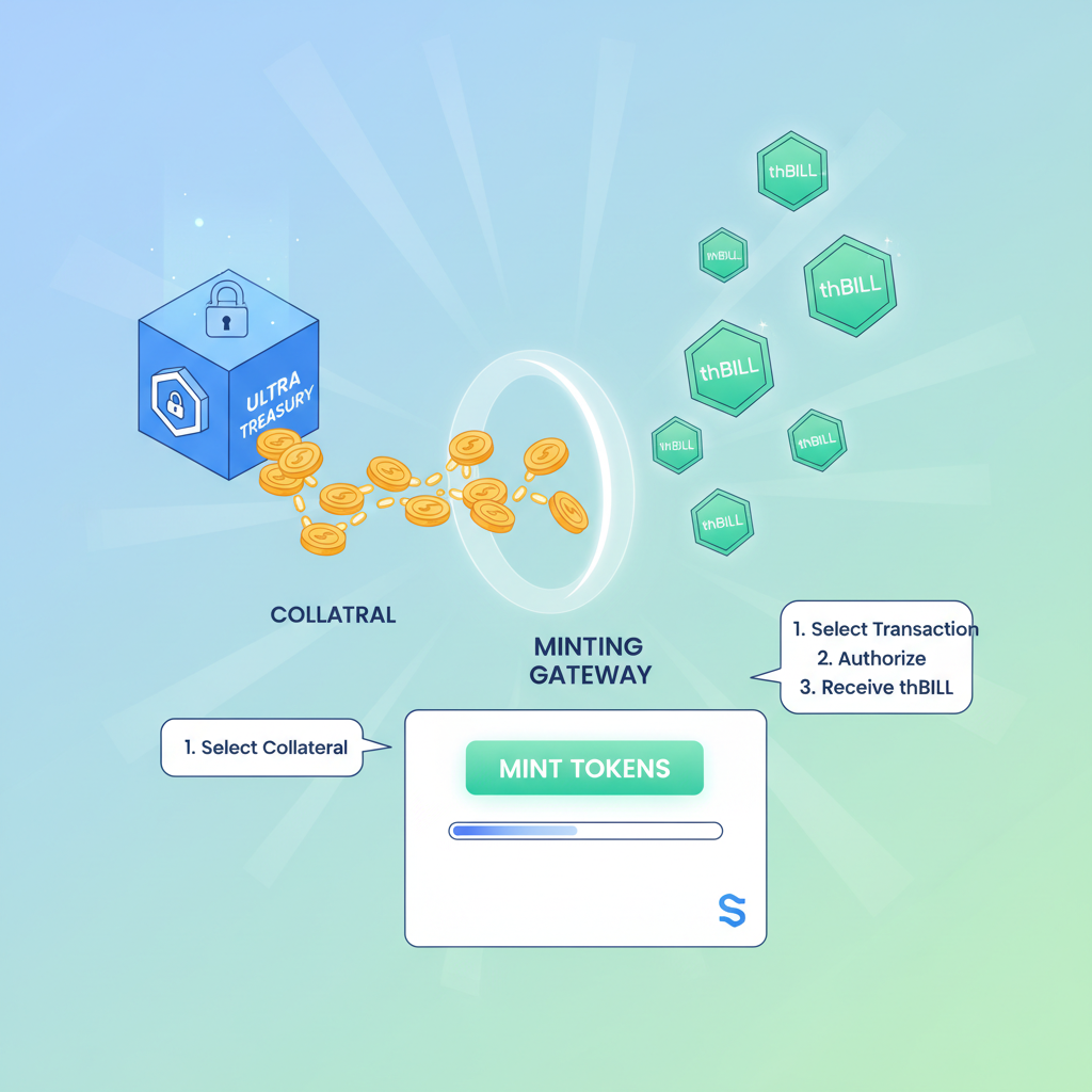 minting thBILL tokens from ULTRA treasury collateral on Solana, glowing token emergence, modern DeFi UI