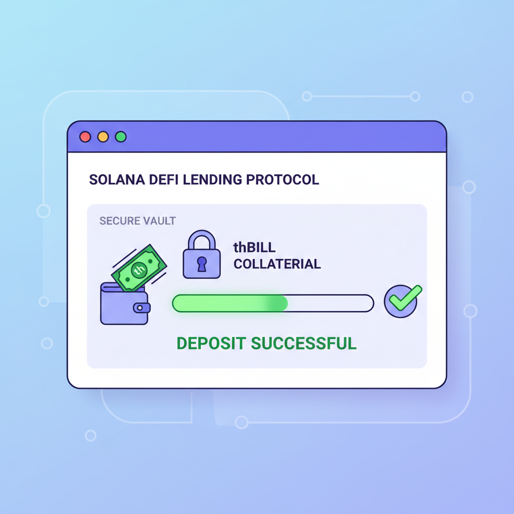 depositing thBILL collateral into Solana DeFi lending protocol dashboard, secure vault interface, green success glow