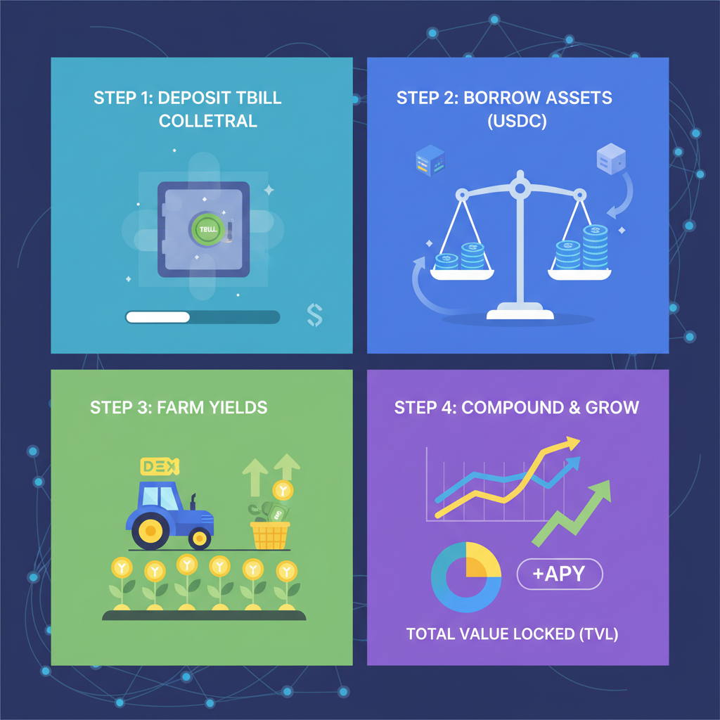 borrowing assets or farming yields against thBILL collateral in Solana DeFi app, yield charts rising, dynamic graphs