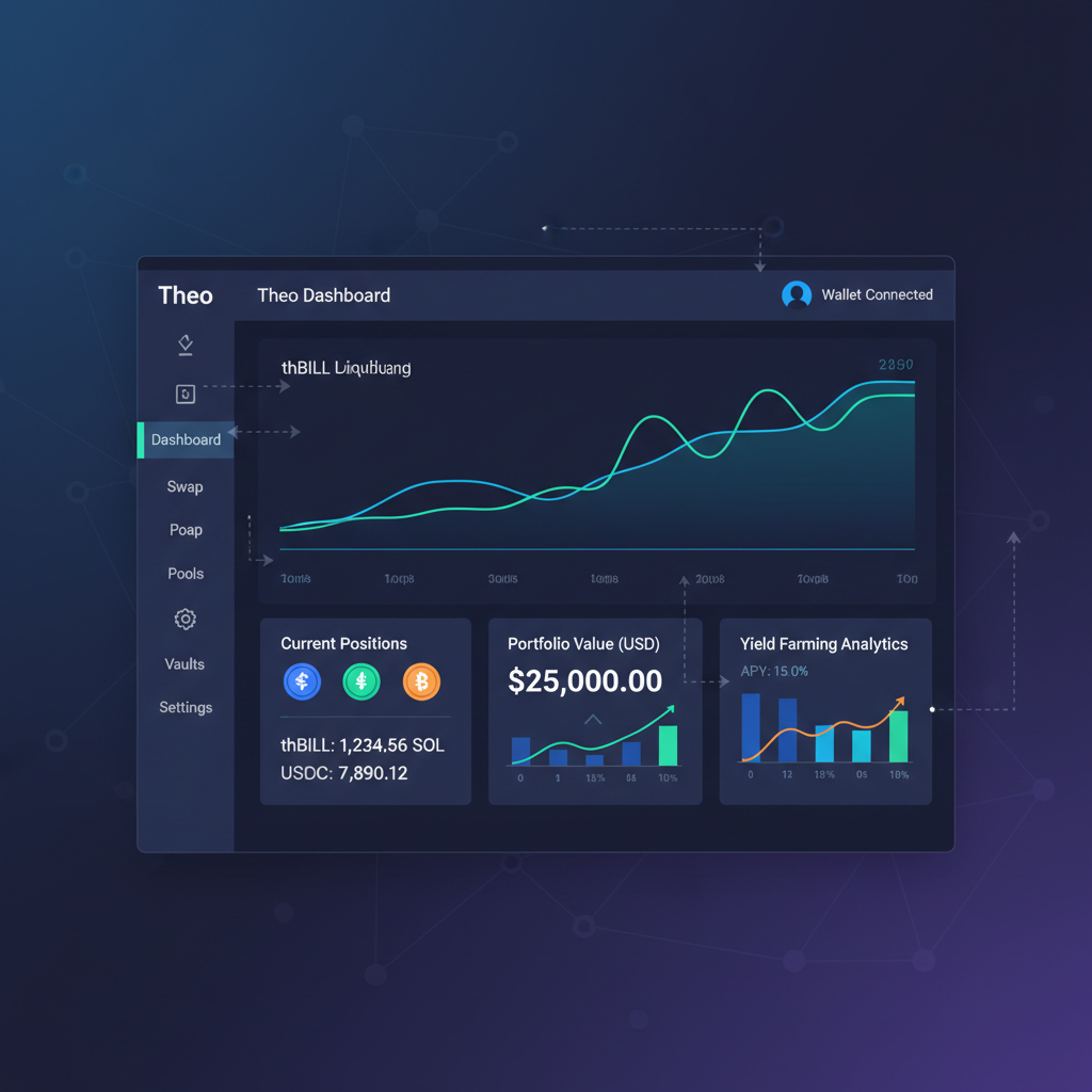 sleek Theo dashboard monitoring thBILL DeFi positions on Solana, real-time charts and analytics, dark mode UI