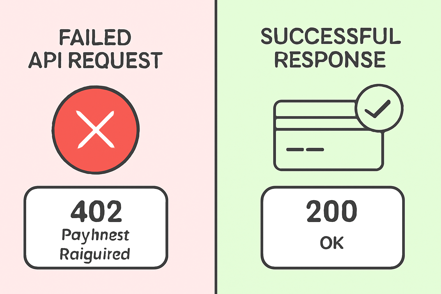A split screen: left side showing a failed API request with a 402 status, right side showing a successful response after payment.