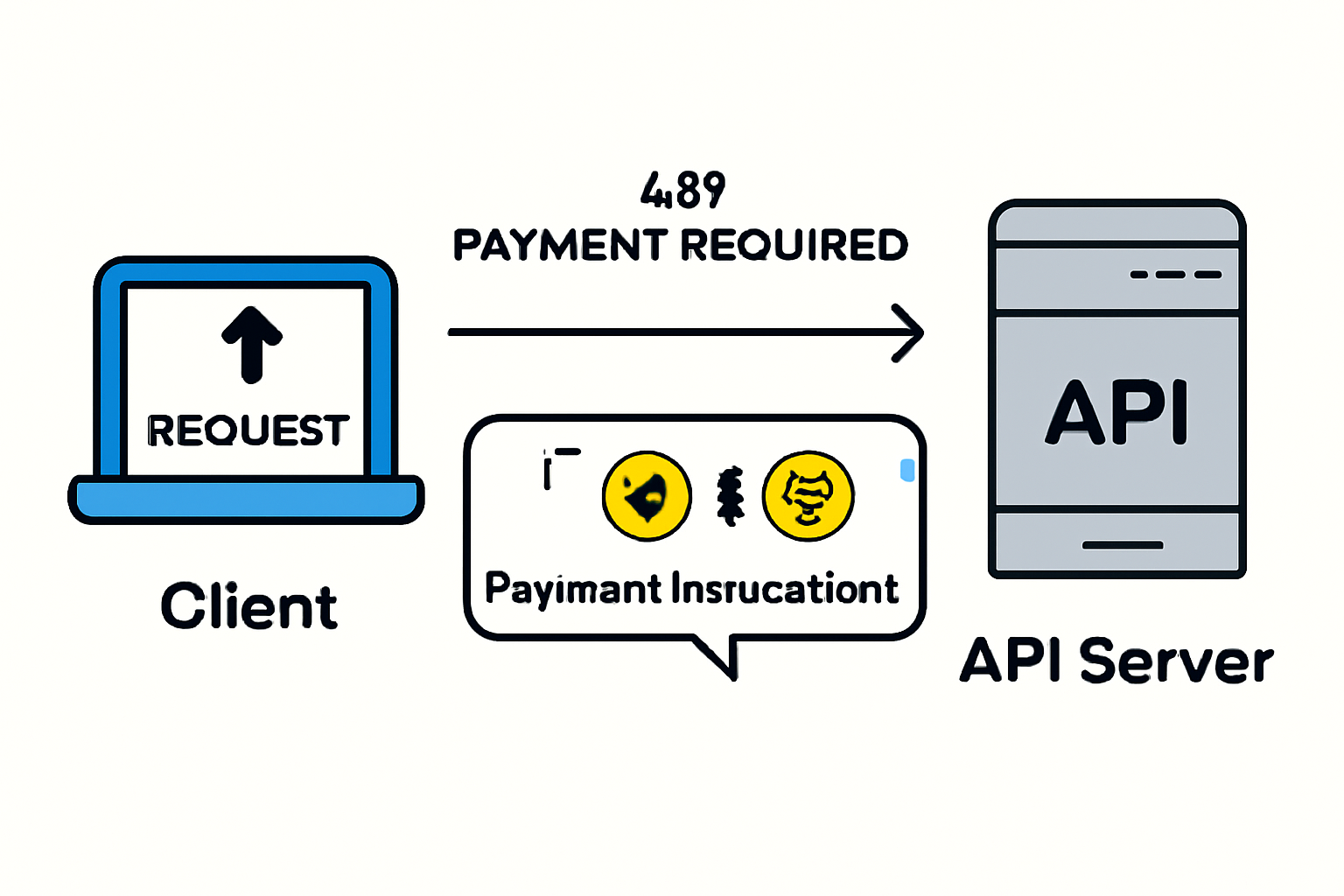 A diagram showing an API server responding to a client request with a 402 status code and payment instructions, with crypto icons and HTTP arrows.