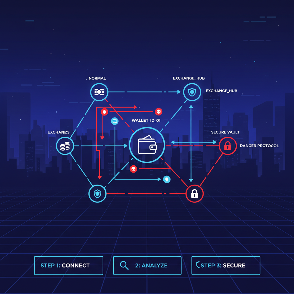 crypto wallet graph network with transaction edges, nodes glowing in blue and red for normal and risky, digital cyberpunk style