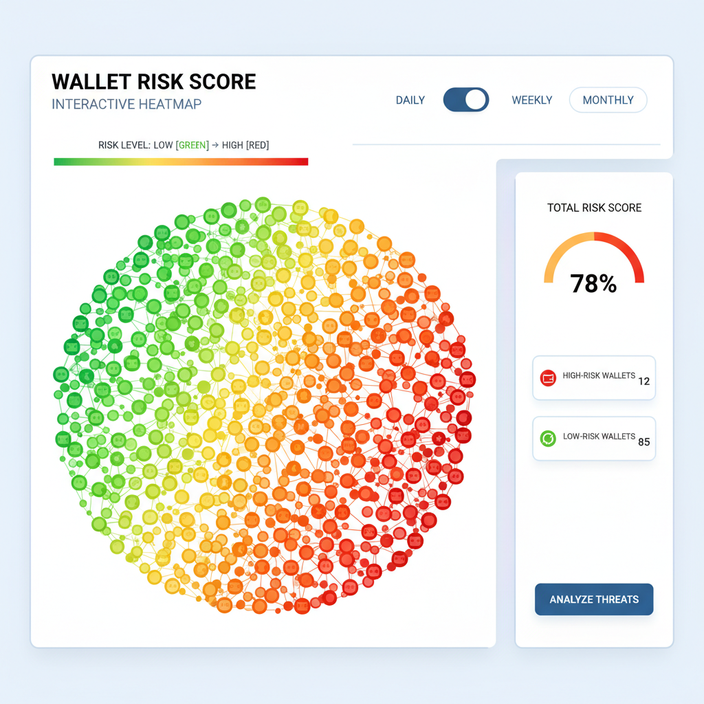 wallet risk scoring heatmap on graph, color-coded nodes from green low-risk to red high-risk, modern dashboard UI