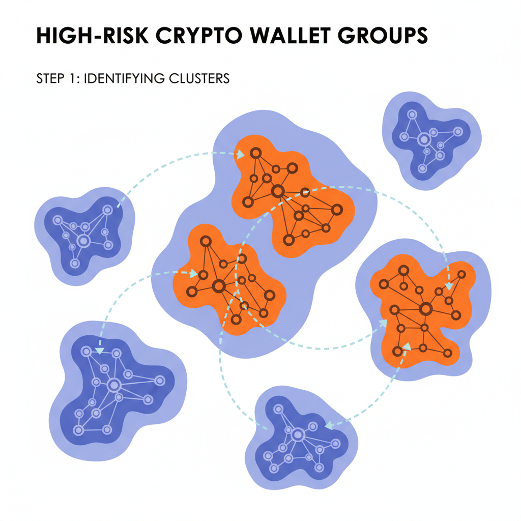 clustered graph visualization of high-risk crypto wallet groups, zoomed clusters in orange, interconnected nodes