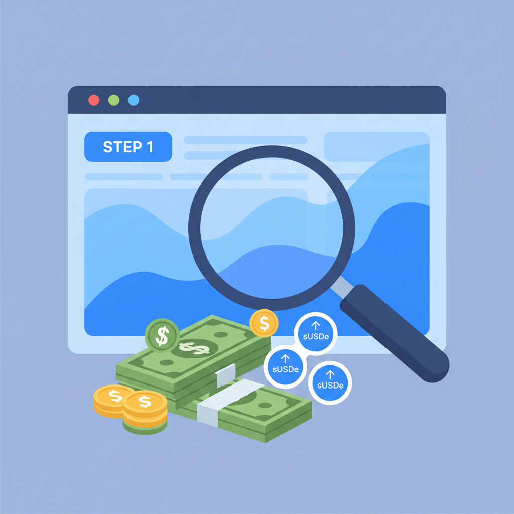 magnifying glass auditing cash stacks on corporate dashboard, sUSDe yield icons, timeline step 1, dynamic blue gradients