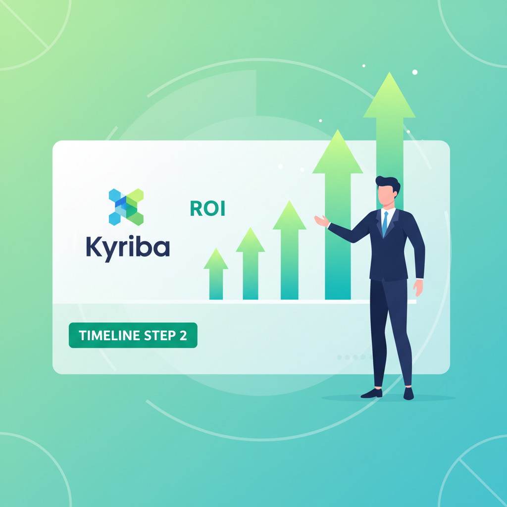 business executive presenting ROI charts with upward arrows, Kyriba logo style, timeline step 2, motivational green tones