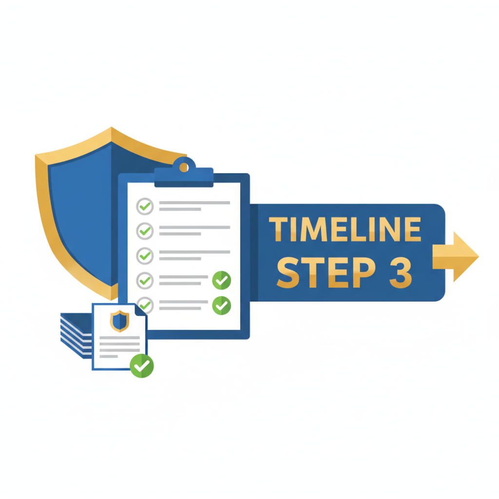 compliance checklist with shield icons, regulatory documents and checkmarks, timeline step 3, secure blue and gold