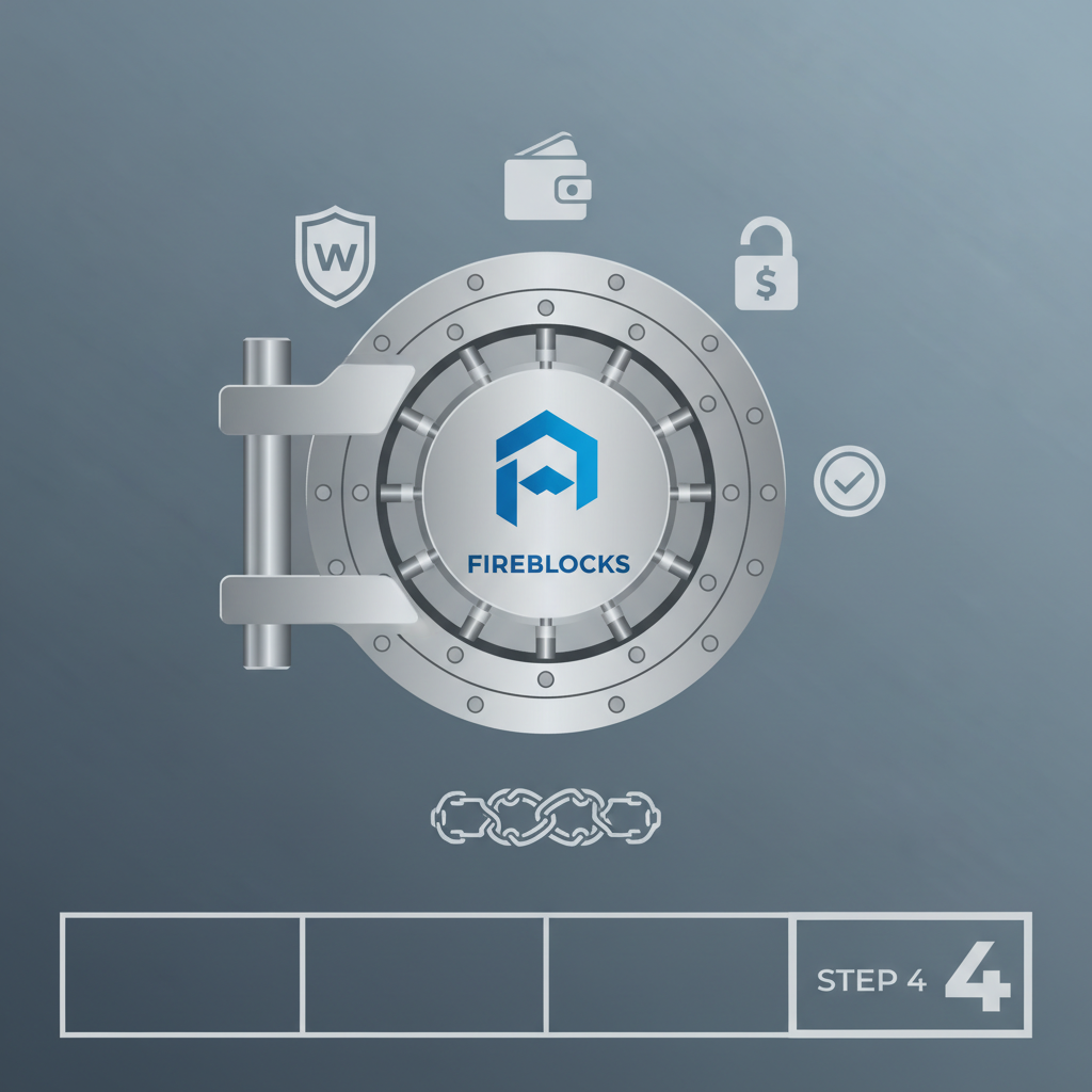 vault with Fireblocks logo and digital wallet icons, secure locks, timeline step 4, metallic silver tones