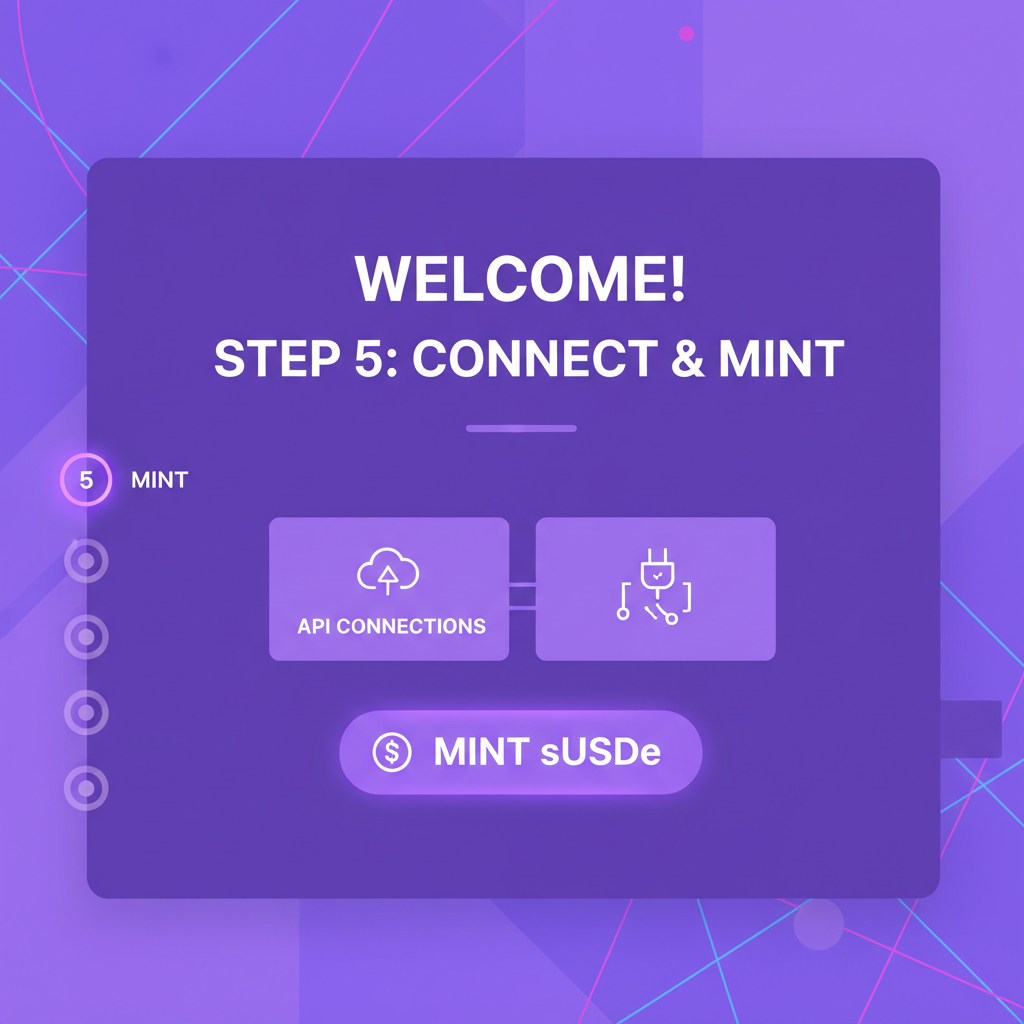 user onboarding dashboard with API connections and sUSDe mint button, timeline step 5, vibrant tech purple