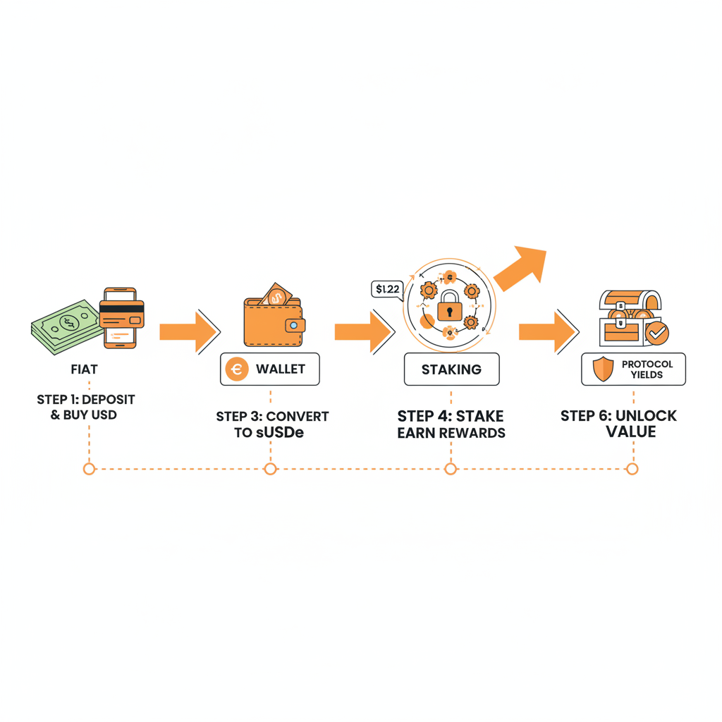 fiat to sUSDe conversion flow with arrows, staking animation, price tag $1.22, timeline step 6, energetic orange
