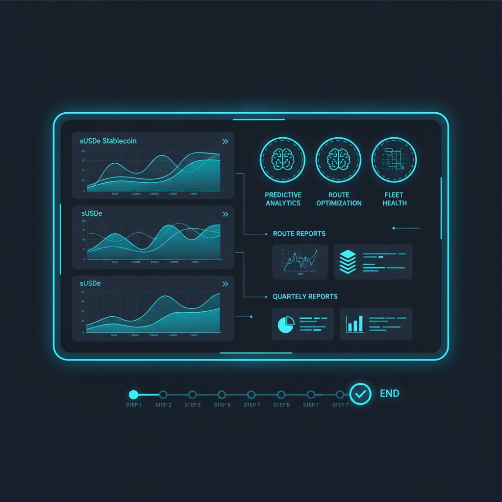 integrated TMS dashboard with sUSDe charts, AI monitors and quarterly reports, timeline step 7 end, futuristic neon blues