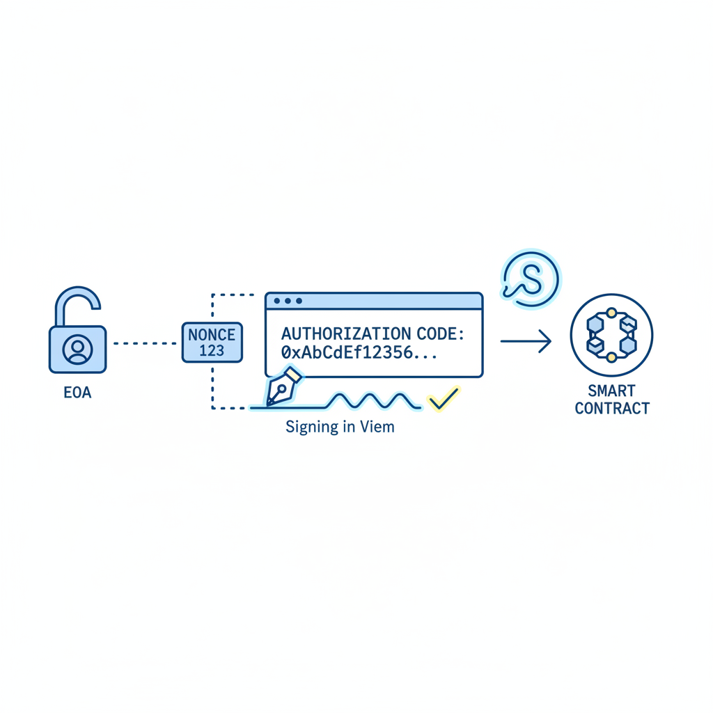 signing authorization code in viem, EOA address nonce smart contract icons, digital signature animation