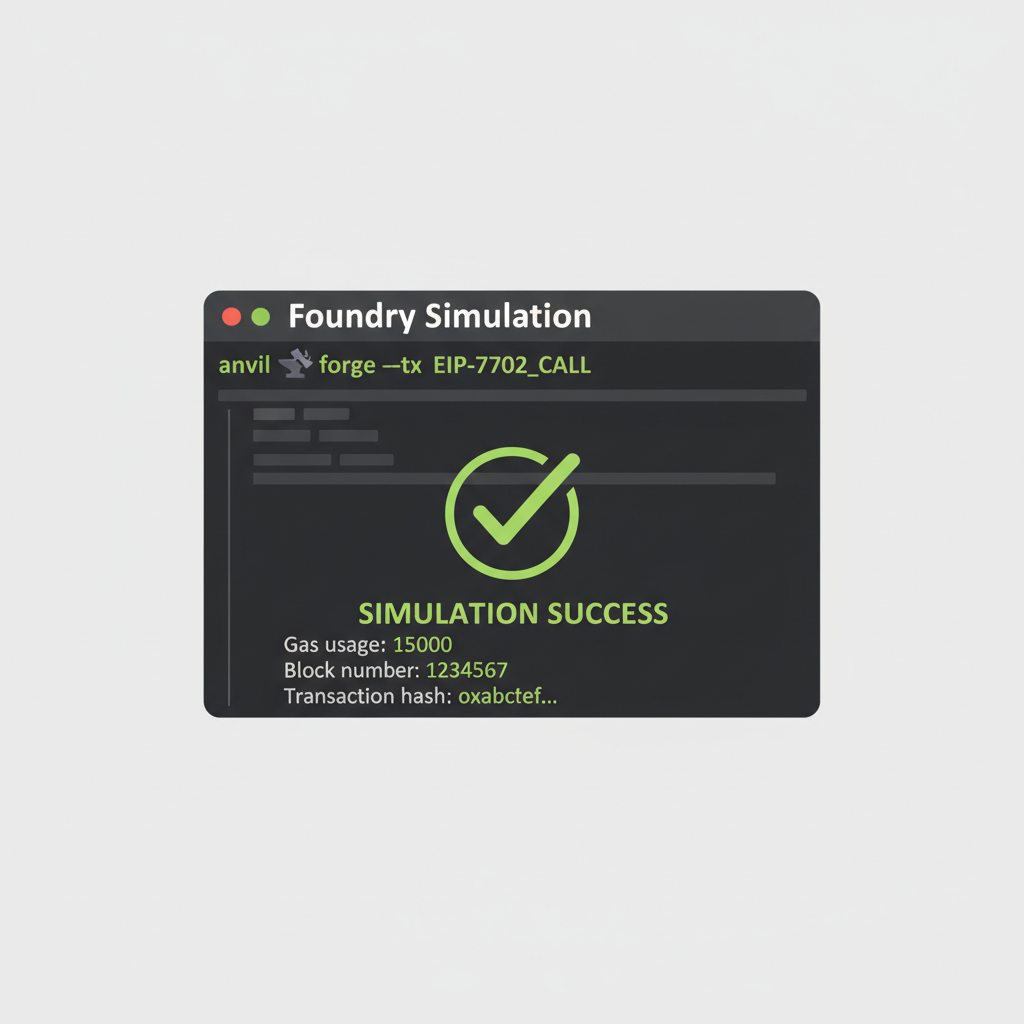 Foundry terminal simulating EIP-7702 tx, anvil forge icons, green check simulation success