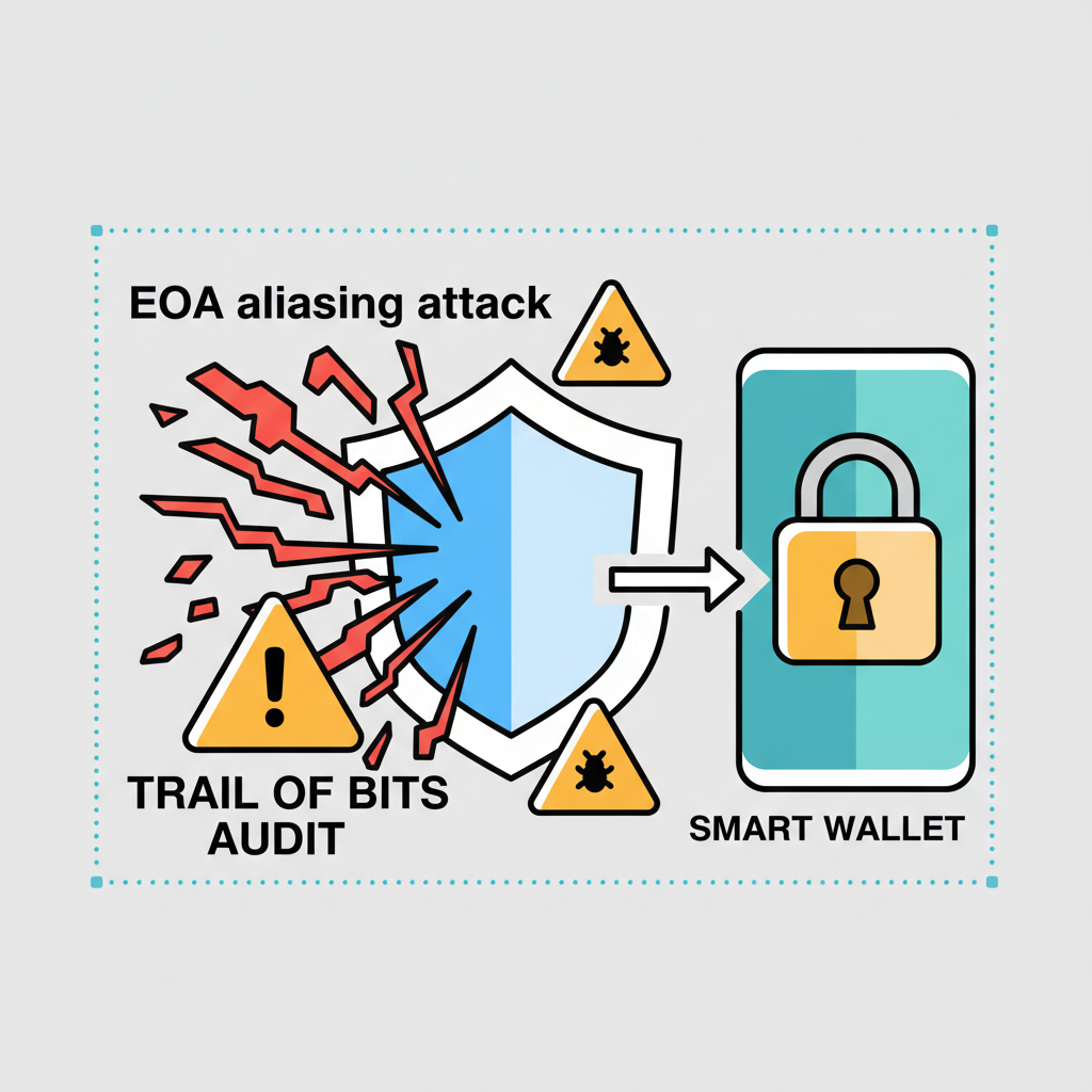 security shield blocking EOA aliasing attack, warning icons Trail of Bits audit, padlock on smart wallet