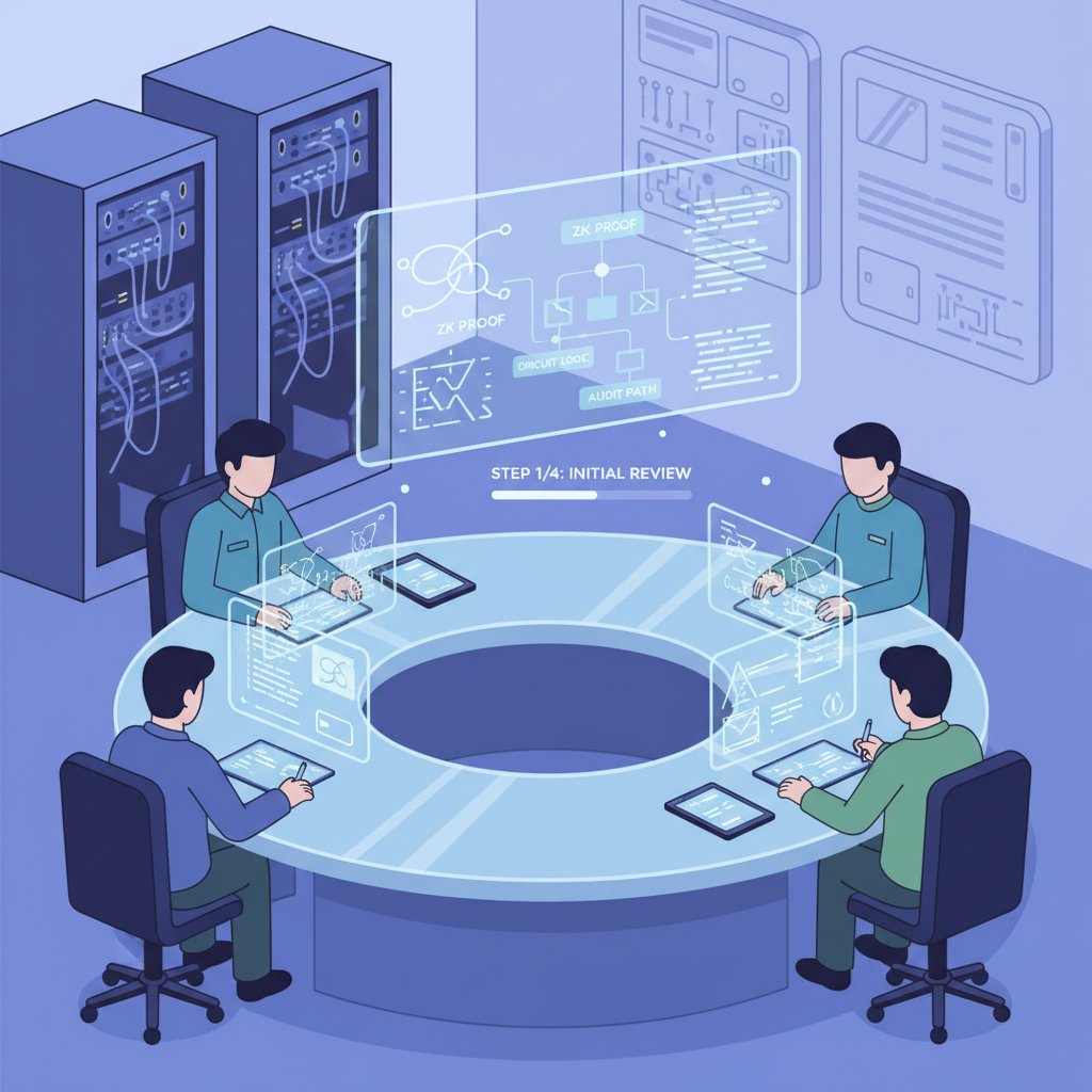 security audit team reviewing ZK circuits on screens, code graphs and proofs, high-tech lab