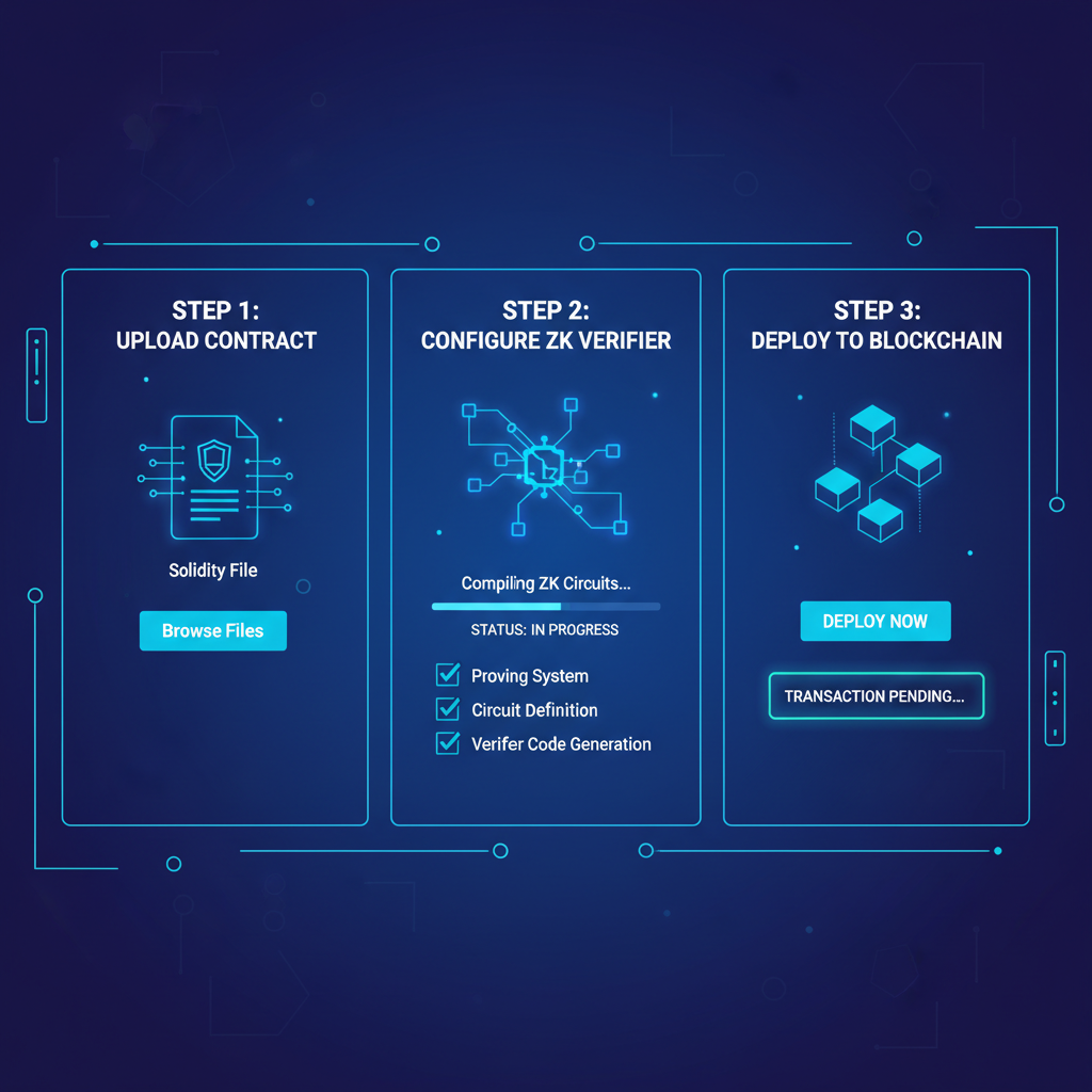 smart contract deployment interface, ZK verifier code compiling on blockchain, neon blue tones