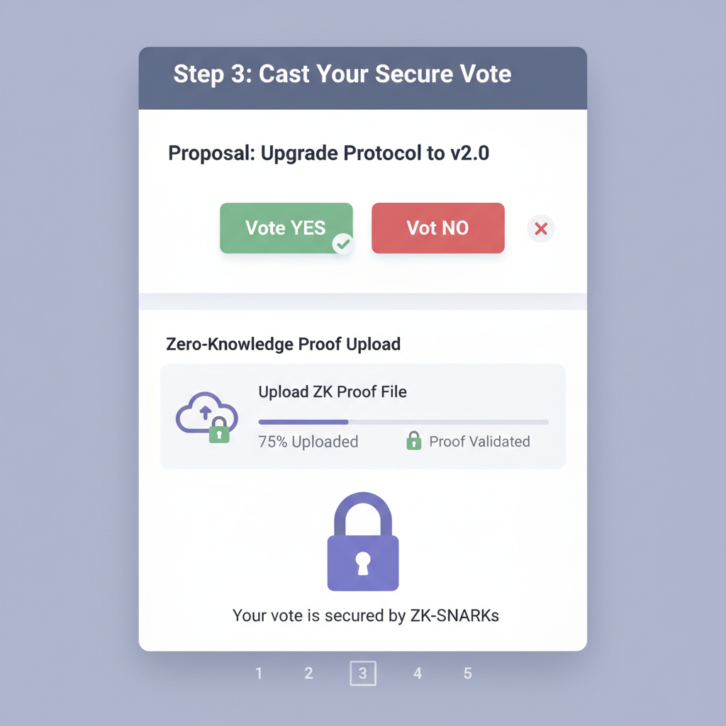 DAO governance voting screen with ZK proof upload, secure lock icons, modern UI design