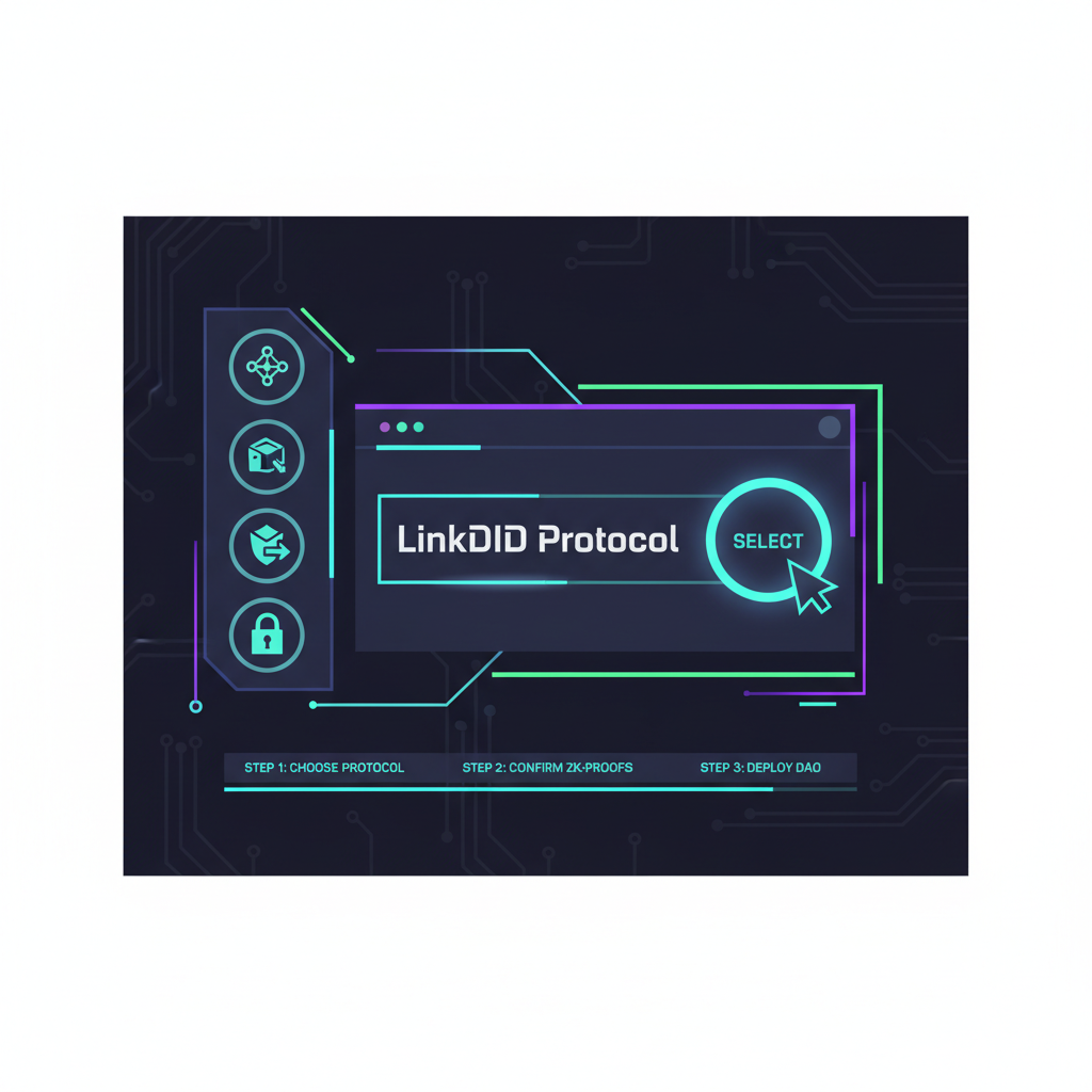 futuristic DAO dashboard selecting LinkDID protocol, zero-knowledge icons glowing, cyberpunk style