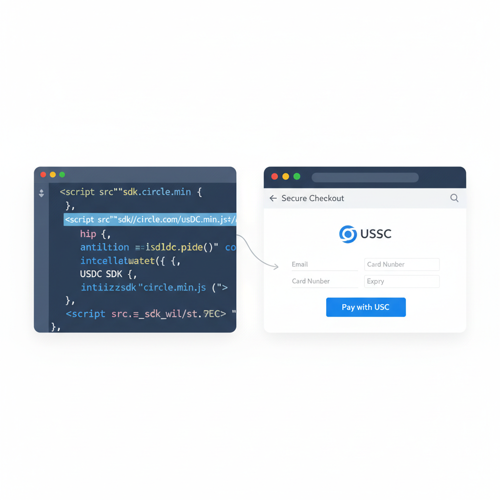 code editor embedding script tag for USDC SDK, browser preview of checkout, clean code syntax