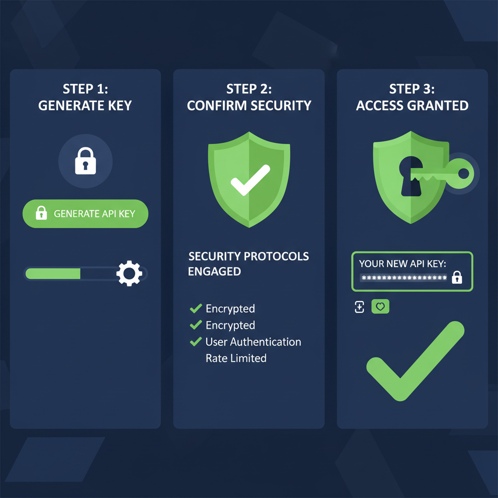 dashboard screen generating API keys, lock icons, secure green checkmarks, tech interface